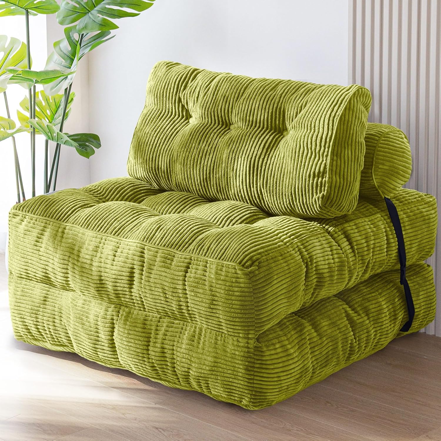 MAXYOYO Folding Sofa Bed, Convertible Sleeper Chair with Pillow Foldable Mattress with Back Support, Portable Fold Out Chair Bed Comfy Floor Sofa Lounge for Living Room Bedroom, Beige, Green