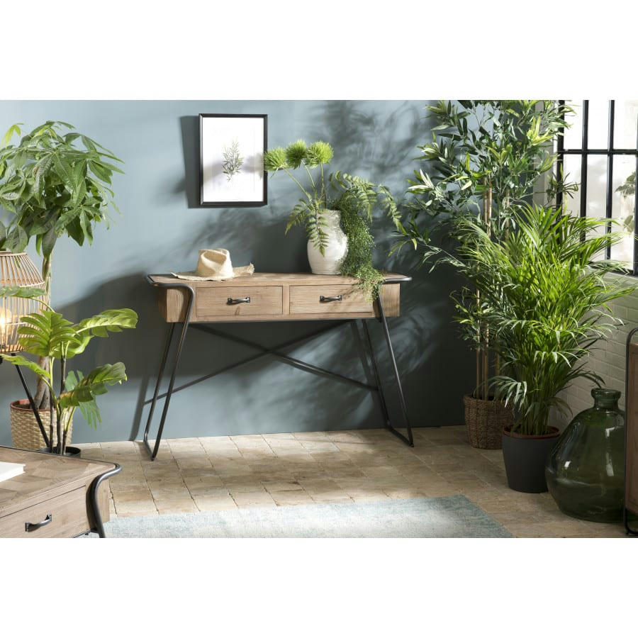 HABY - Console 2 tiroirs plateau sapin marqueté pieds métal