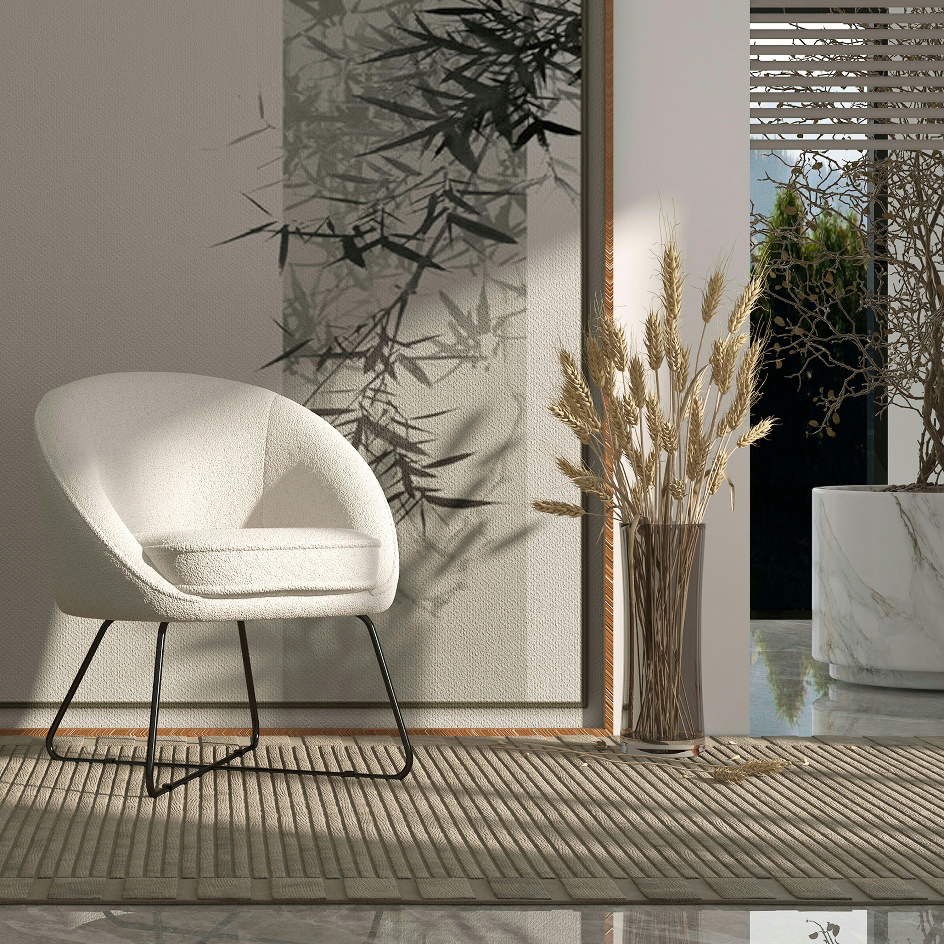 JONAS - Fauteuil lounge en tissu bouclette Ecru et pieds métal noir