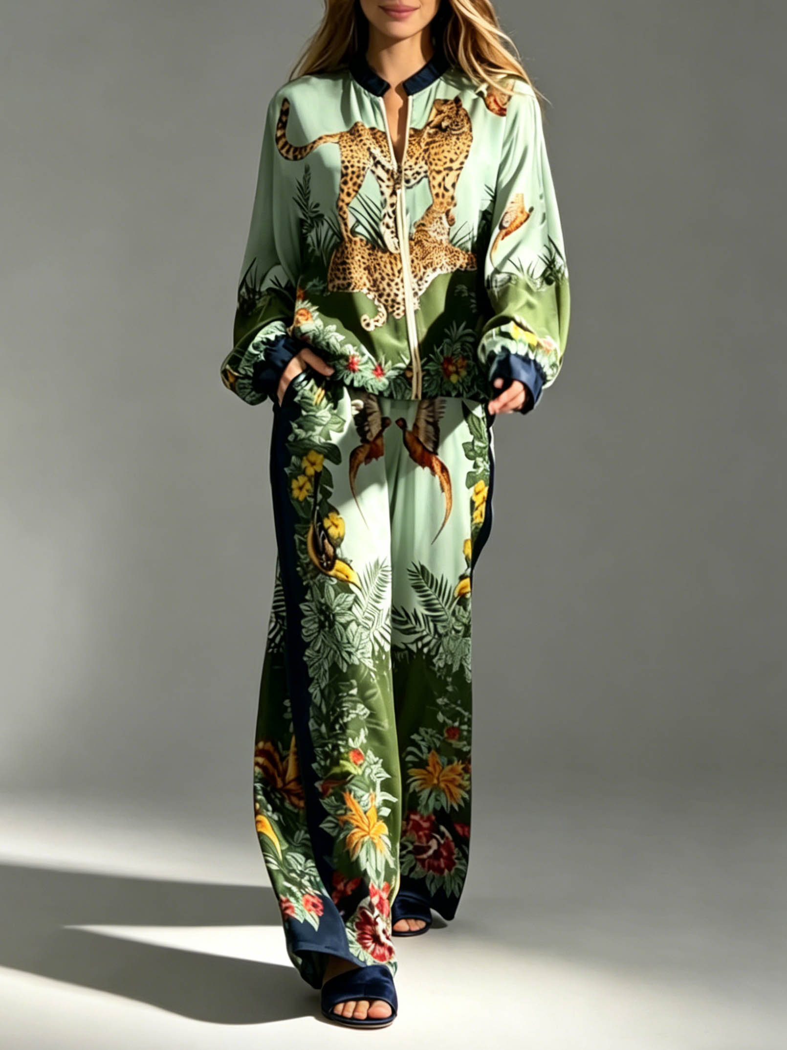 Exotic Jungle Print Zip-Up Shirt & Wide Leg Pants Set