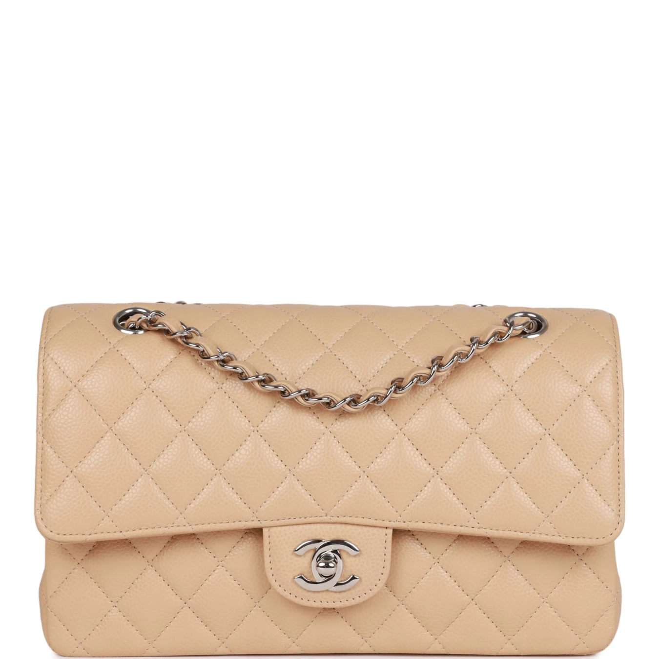 Chanel Classic Flag Bag Medium Classic Double Flap Bag Beige Caviar Silver Hardware