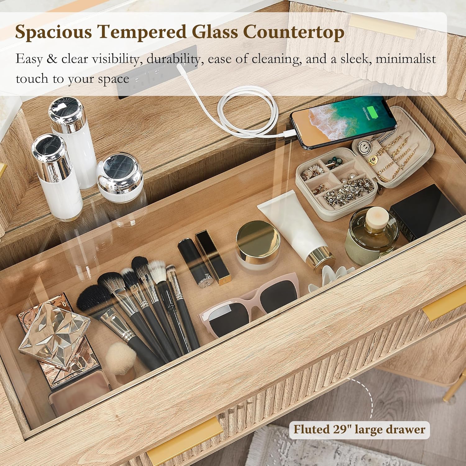 T4TREAM 48 Fluted Makeup Vanity Desk with HD Triple Mirror and Lights, Large Lighted Corner Vanity with Glass Top, Modern Dressing Table with 3 Drawers & 2 Cabinets for Bedroom, Natural Oak