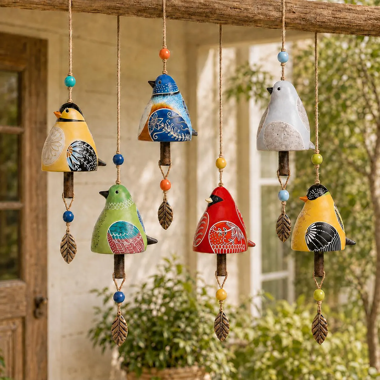 Hand-Painted Resin Bird Wind Chime, Colorful Folk Art Garden Hanging Decor