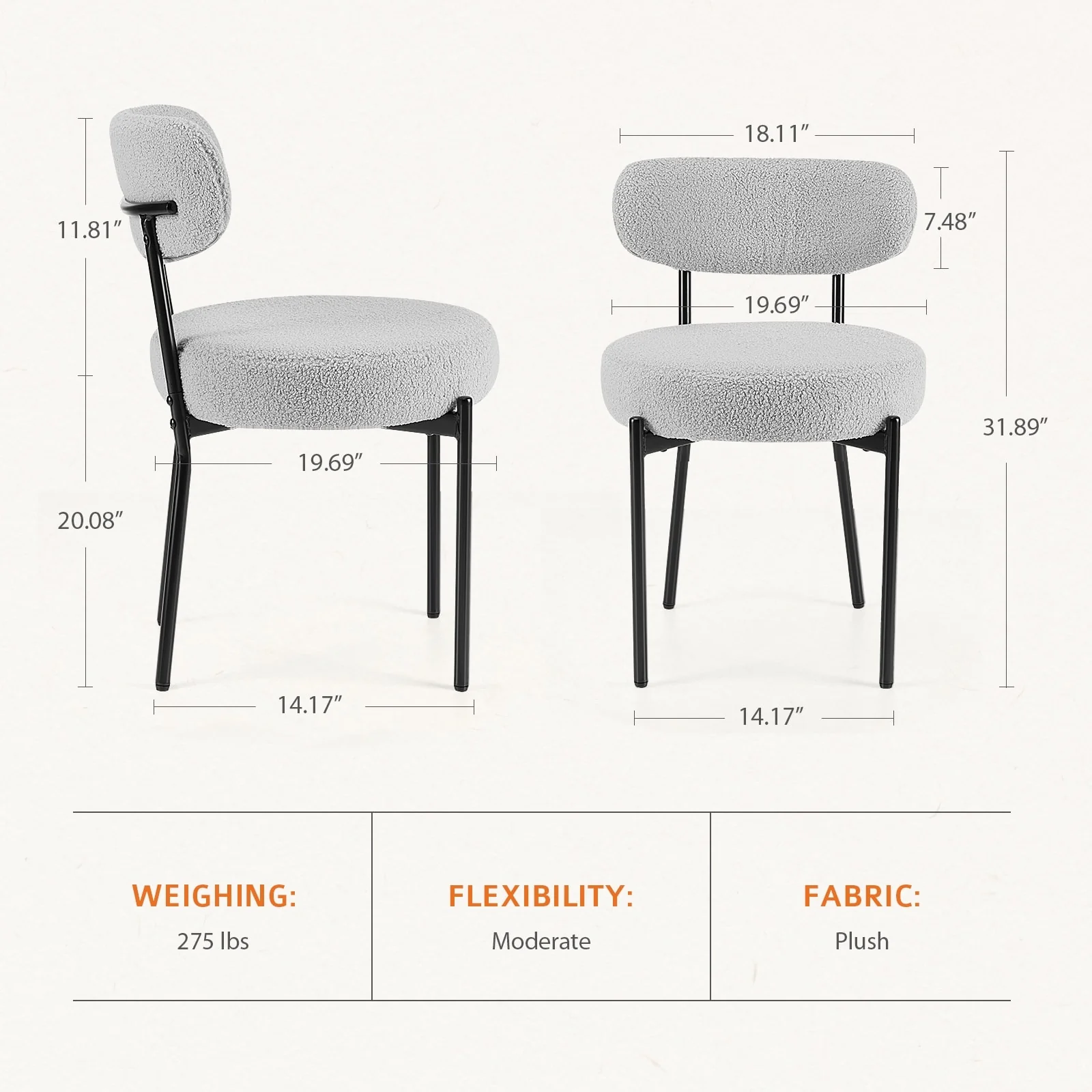 Dining Chairs Set of 2, Boucle Upholstered Kitchen Chairs with Curved Backrest & Metal Legs