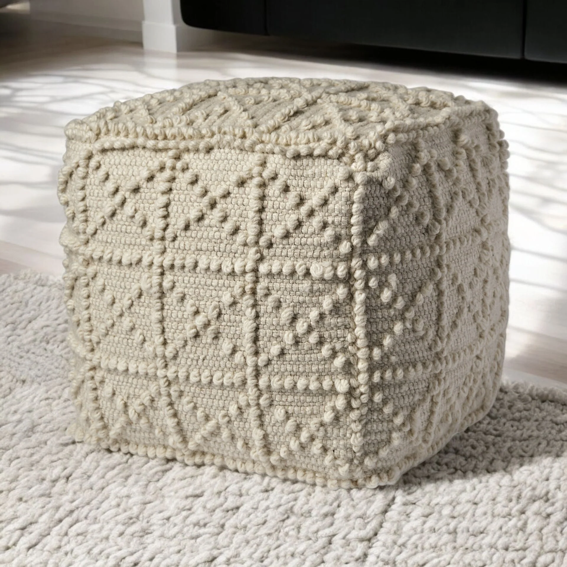 Ivory Wool Pouf Ottoman Geometric Cube Footrest Seat for Living Room