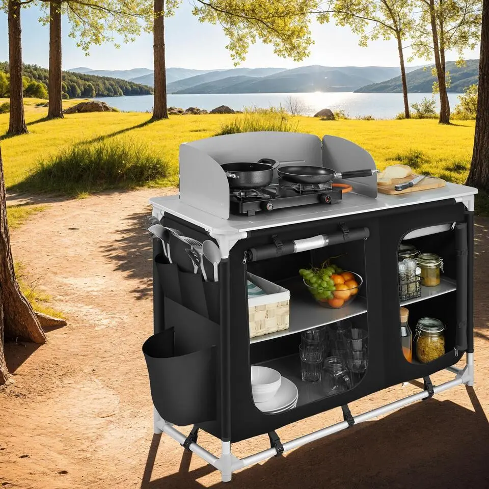 tectake - Campingkeuken 116x52x107cm, Zwart