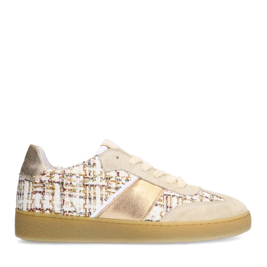 Manfield Beige boucl&eacute; sneakers met gouden details