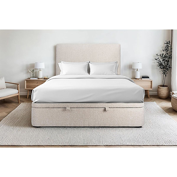 Lit coffre 140x190cm avec tête de lit tapissier Bouclette Beige - Hauteur totale : 39cm