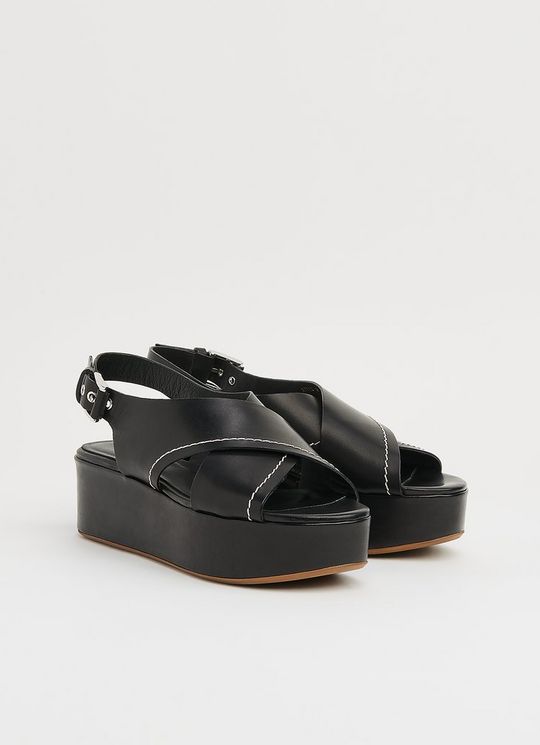Sima Black Leather Flatform Slingbacks