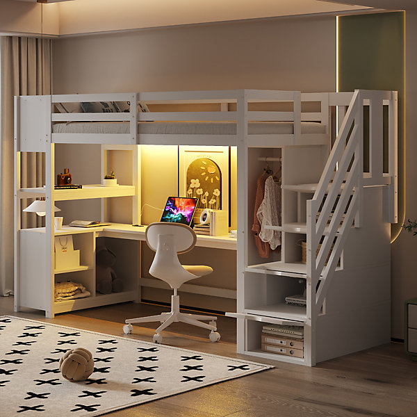 Lit mezzanine 90x200 cm avec armoire et bureau - avec escalier et prises électriques - LED - blanc (sans matelas)