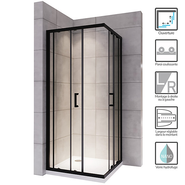 Cabine de douche LANABLACK H.180 cm portes coulissantes verre 6 mm transparent 90 x 90 cm - Saniverre