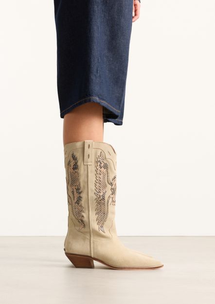 Beige suède cowboylaarzen met sierstiksels