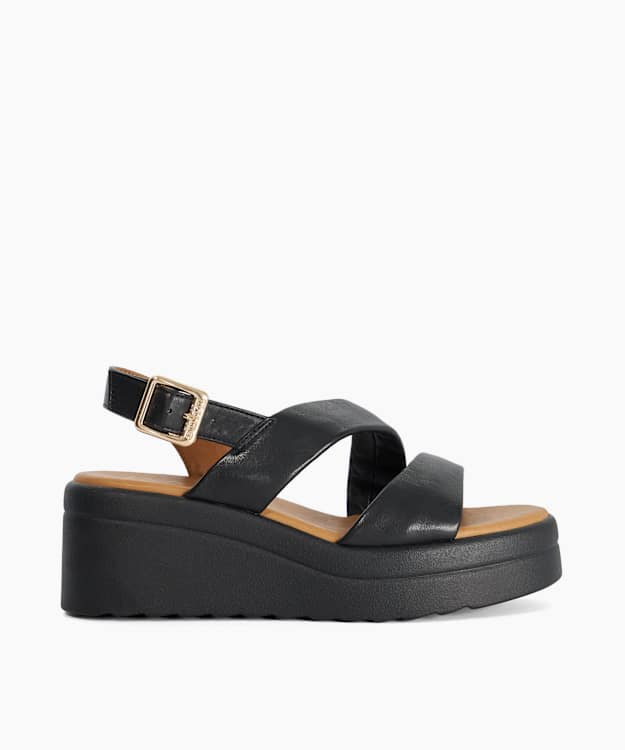 Karing Black - Leather Asymmetric Strap Wedge Sandals
