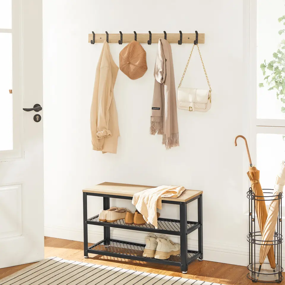 Wandkapstok - Kapstok met 8 Zwarte Haken - 88 cm - Lichte Eik