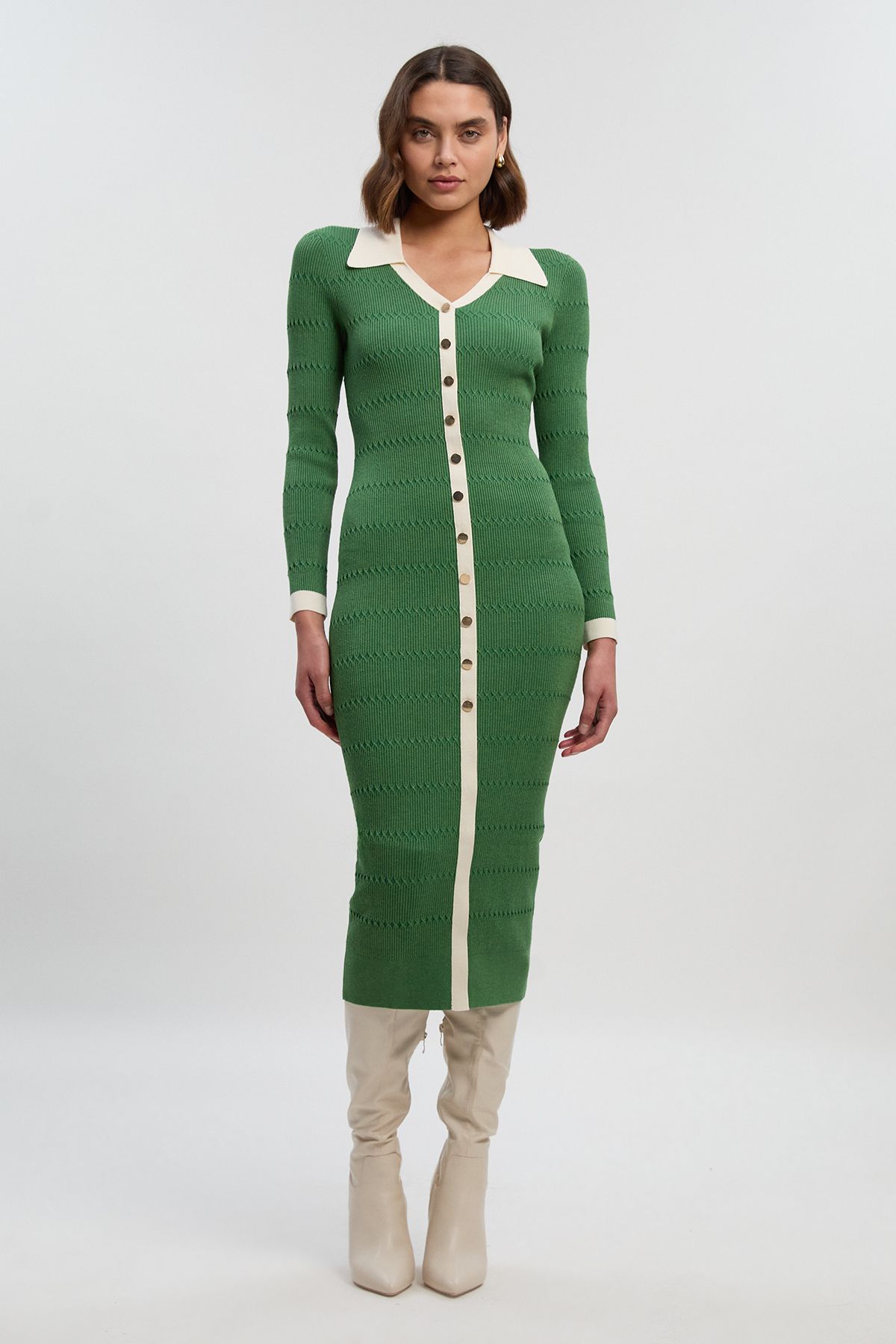 KarenMillen Petite Viscose Rib Stitch Detail Contrast Colour Button Knit Midi Dress