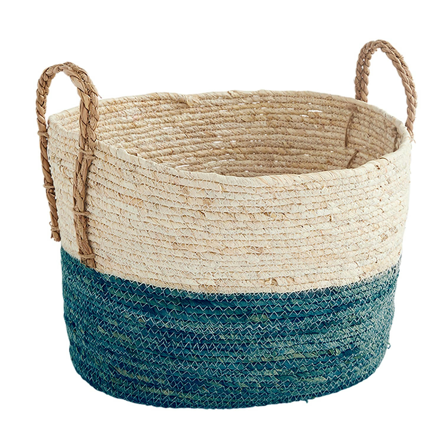 - Panier de rangement en paille avec 2 poignées - Bleu - 39x33x27cm