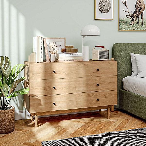 Commode vintage 6 tiroirs coulissants piètement bois de pin panneaux aspect bois de teck