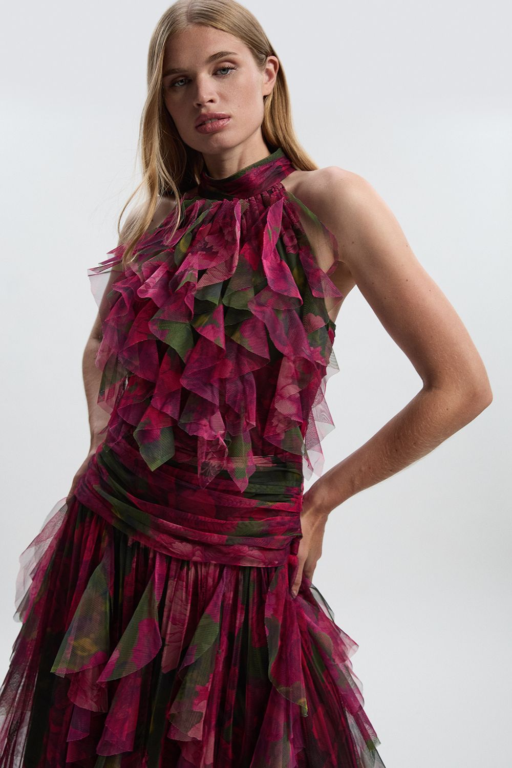 KarenMillen Rose Floral Tulle Halter Neck Woven Maxi Dress
