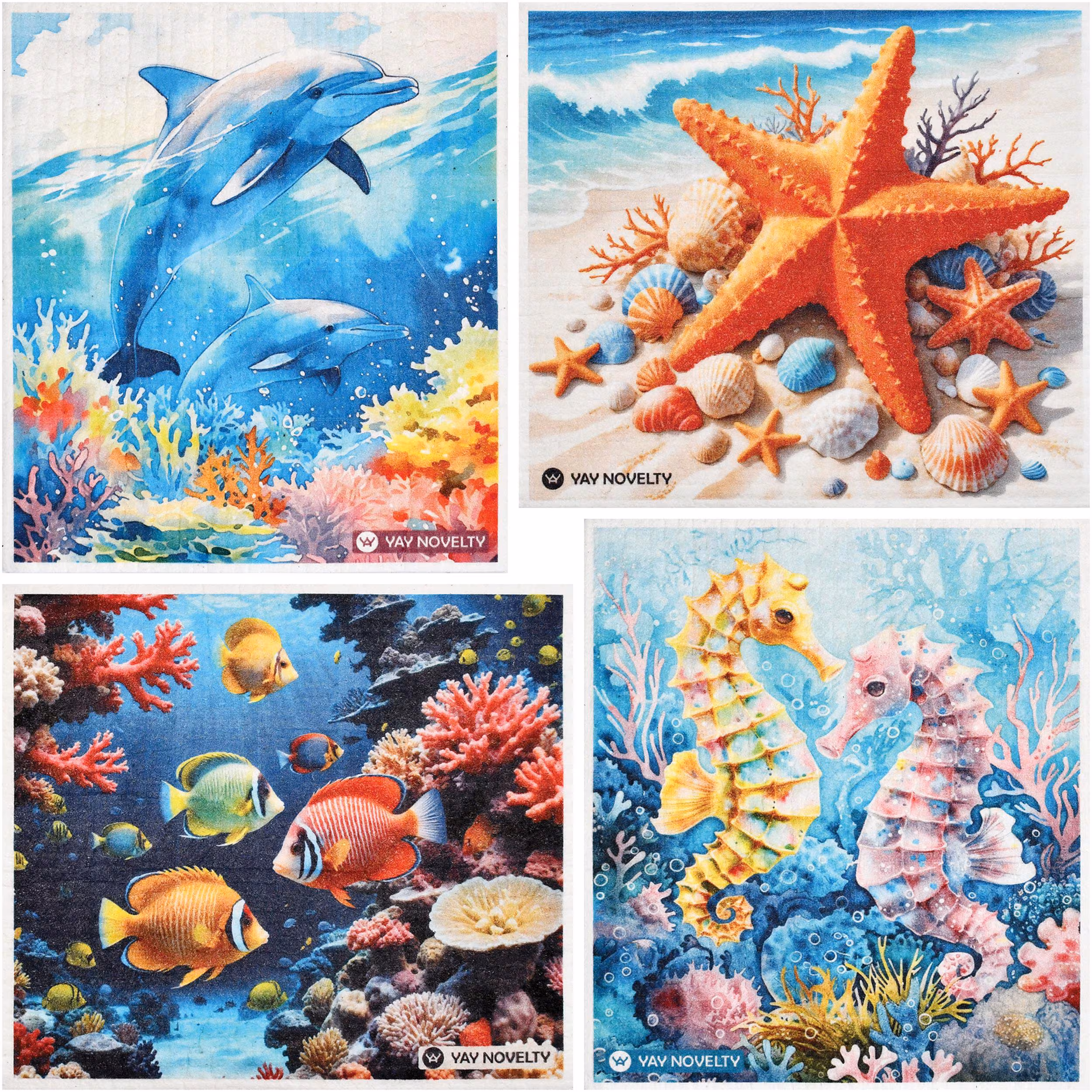 12-Pack German Swedish Dishcloth: Ultra-Absorbent, Eco-Friendly Cleaning Sponge Cloth, Paper Towel Alternative, Sea Creatures, FREE SHIPPING
