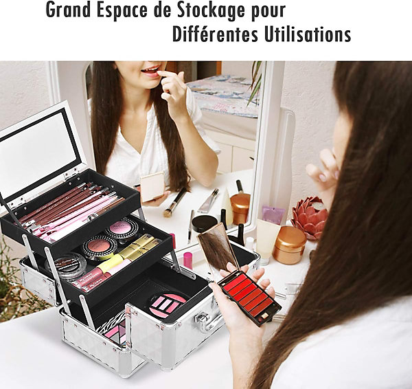 Mallette de Maquillage avec Miroir Coffret avec 2 Etagere Boîte a Maquillage Diverse Couleurs Argent
