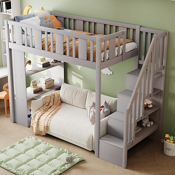 Lit mezzanine 90x200 cm - Lit simple avec échelle pratique, tiroirs de rangement intégrés et structure robuste - Pin et MDF - Gris