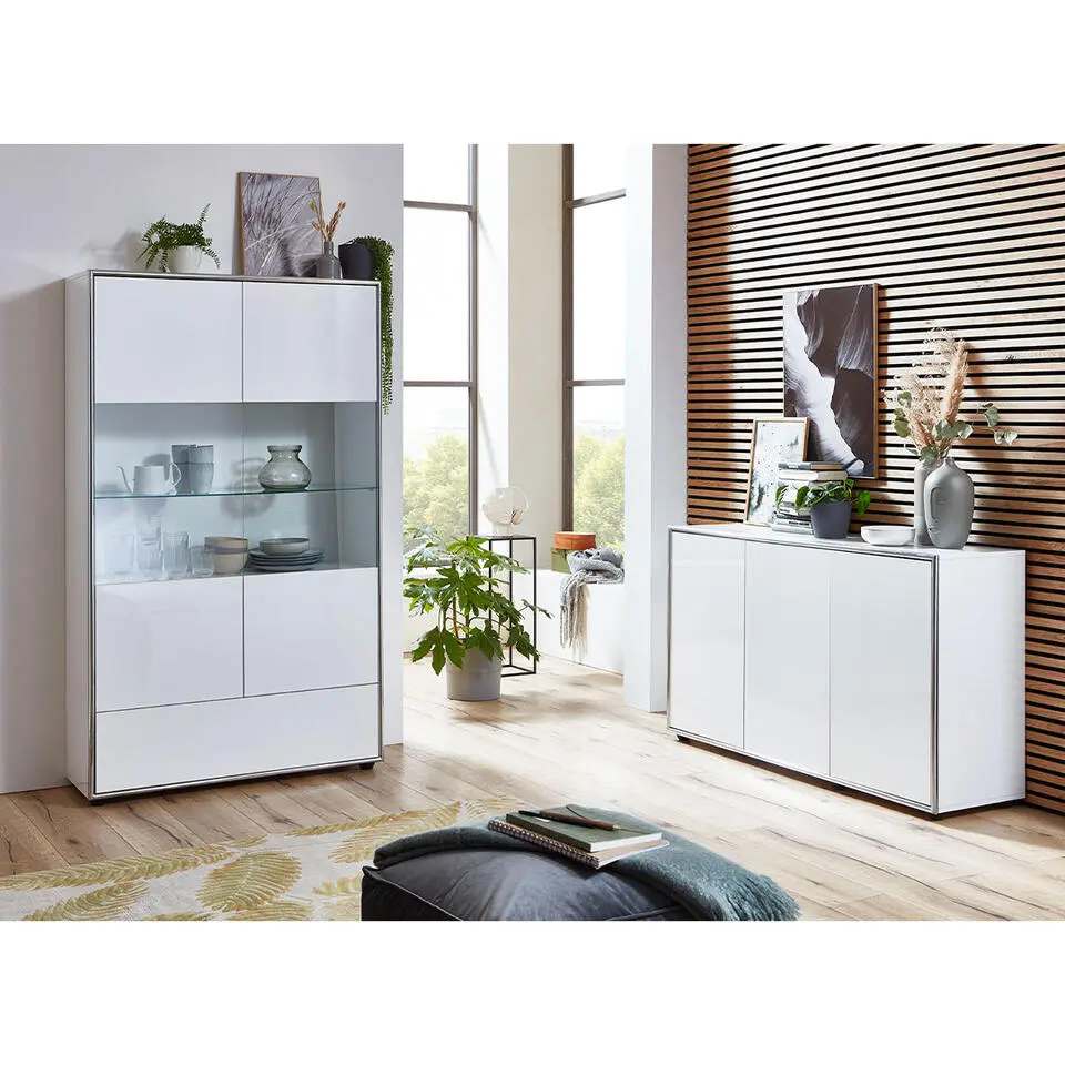 Hioshop Kenan vitrinekast 2 deuren- 1 lade wit hoogglans gelakt