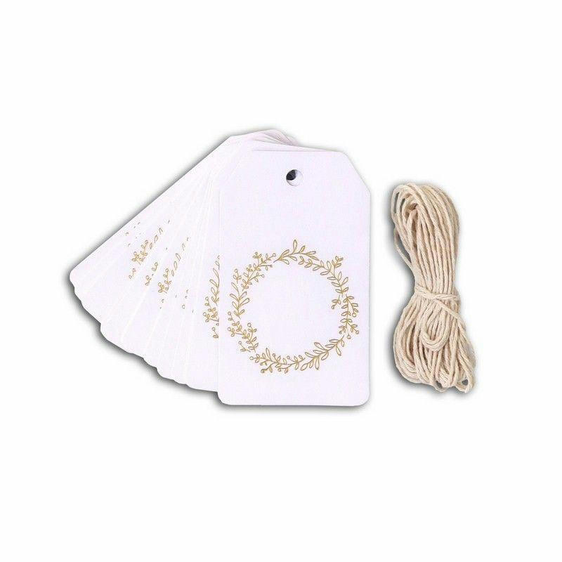 - 20 étiquettes blanches 4,5 x 8 cm Couronne de fleurs dorée & ficelle