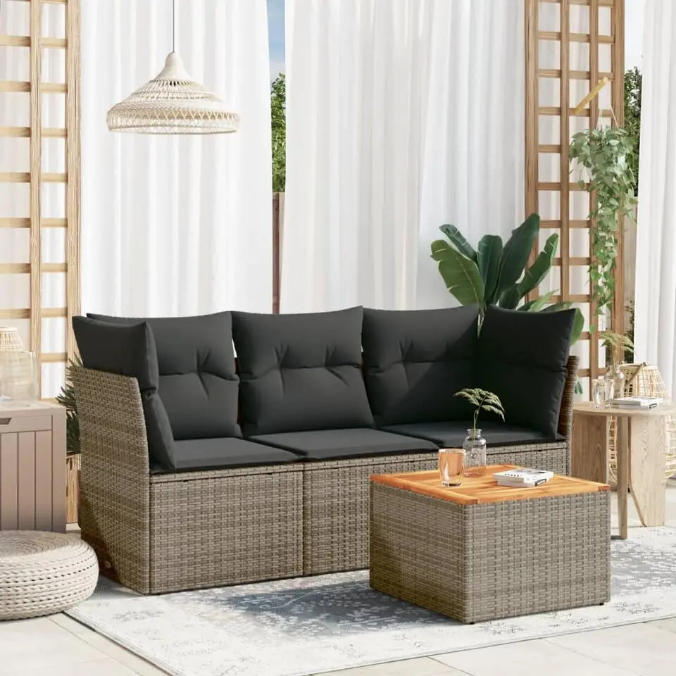 vidaXL Loungeset met kussens & tuintafel voor 3 personen - Grijs - Poly rattan