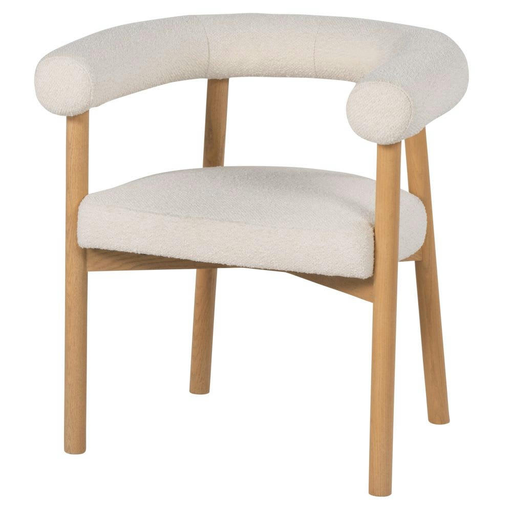 Rafael - Fauteuil de table en bois de frêne et tissu écru effet laine bouclée