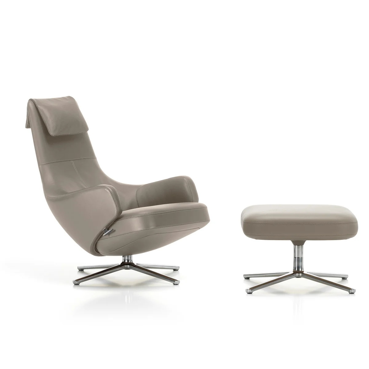 Vitra - Repos Sessel und Ottoman, Leder premium sand, Aluminium poliert (Filzgleiter)