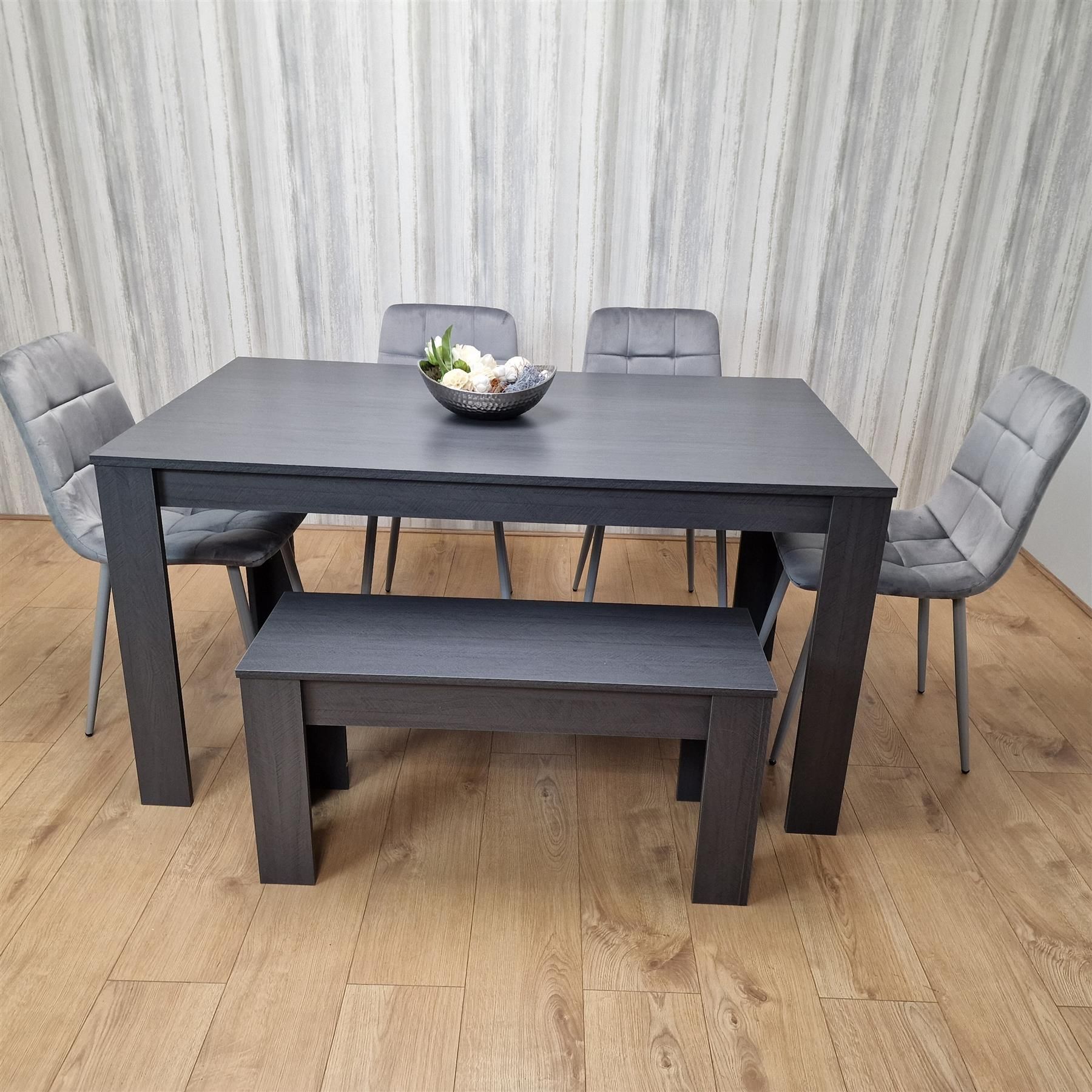 KOSY KOALA Kosy Koala Modern Dark Grey Dining Table Set with 4 Grey Velvet Chairs And 1 Bench