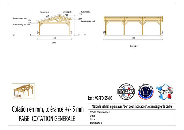 Carport 2 pentes faitage décalé 550cmx950cm, Bois DOUGLAS Français(Charpente en bois-auvent-abri voiture)52 m².Garantie 10 ans