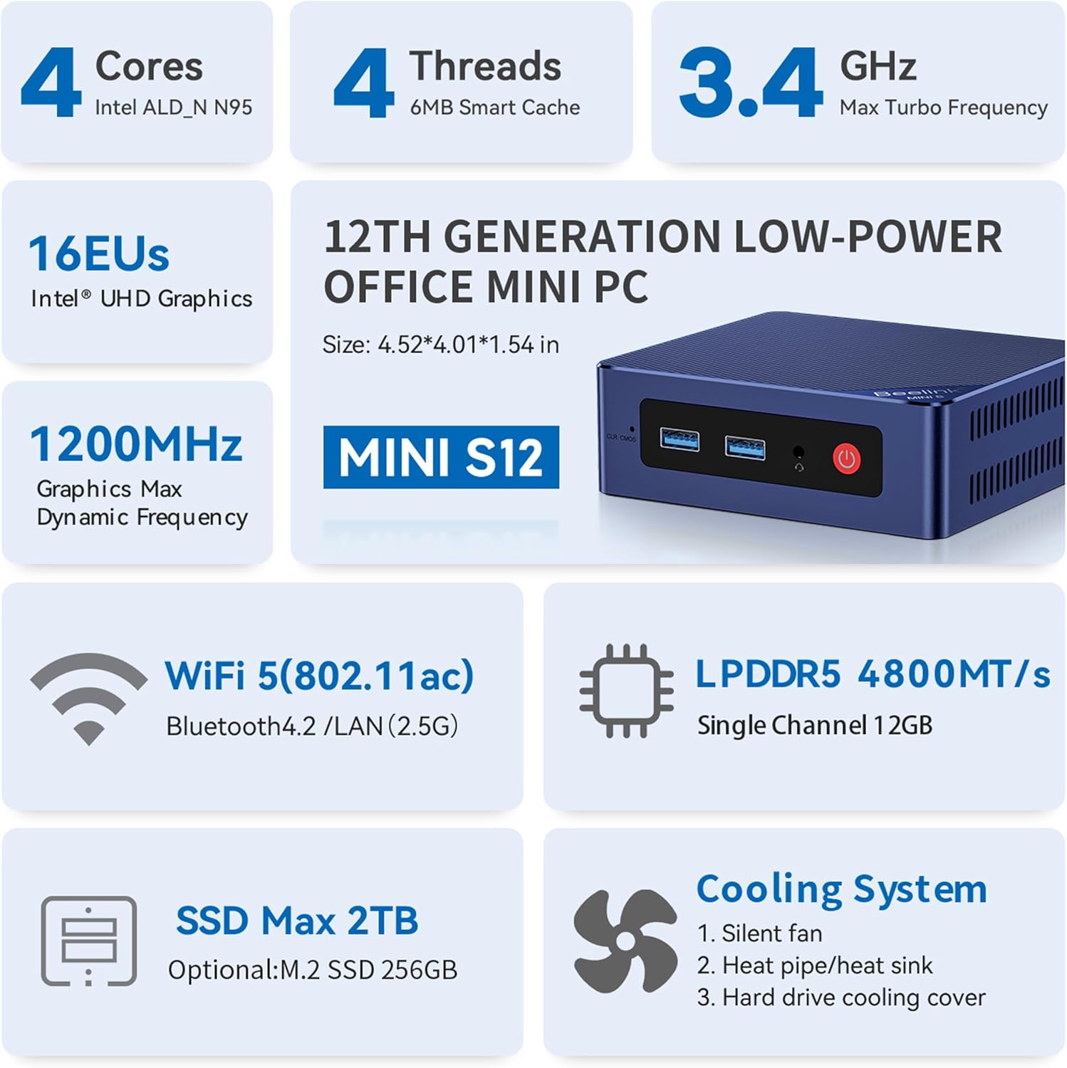 Beelink Mini PC Mini S12 N95 Intel Alder Lake-N95 (up to 3.4GHz) 12GB LPDDR5 500GB SATA3 SSD Mini Desktop Computer  Support 4K@60Hz Dual HDMI Display  2.5G LAN/USB3.2/Low-Power Home/Office Micro PC