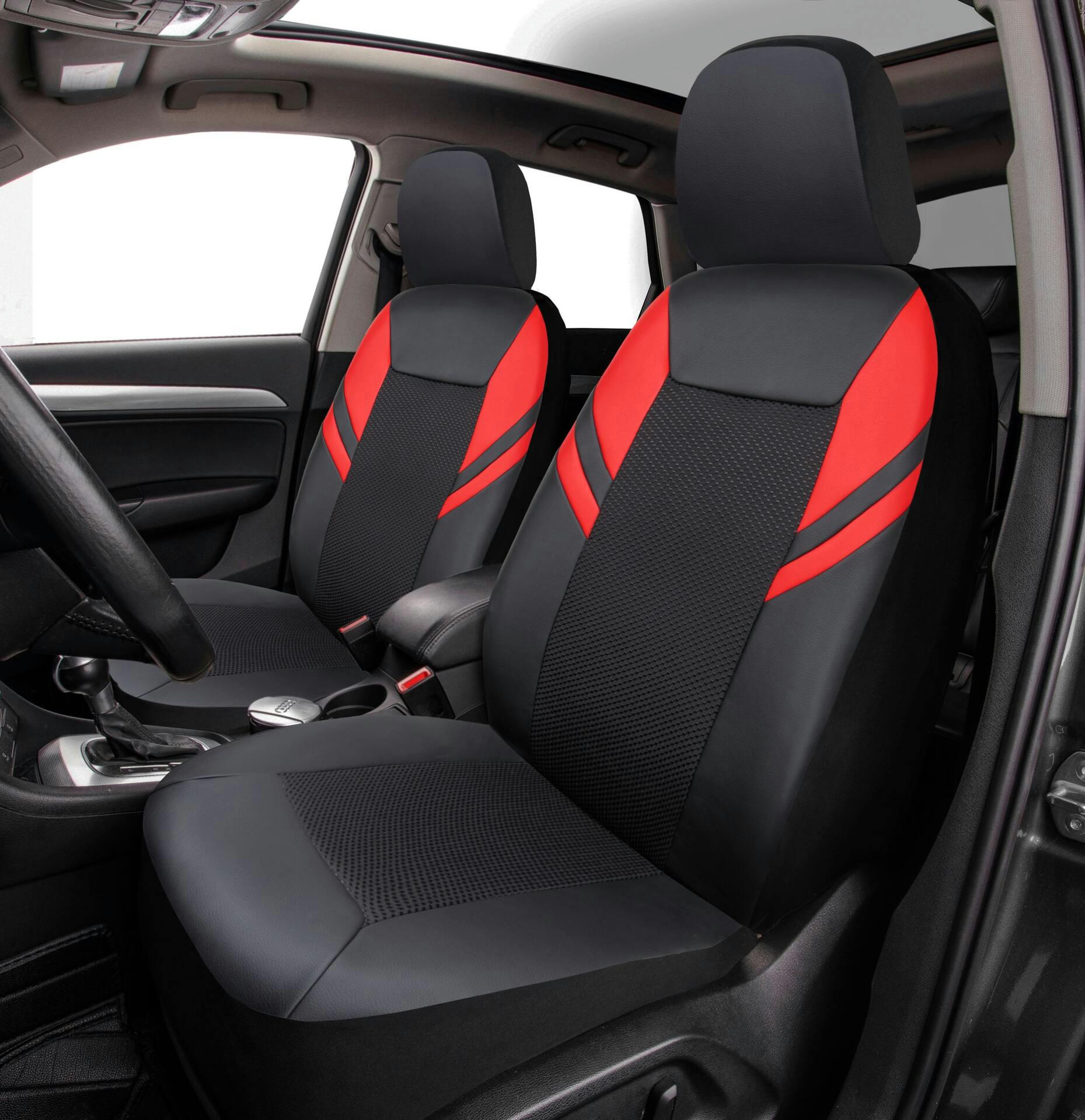 AutoTrends Core Sporty Leatherette Faux Leather & Jacquard Seat Cover, Black with Red Stripes