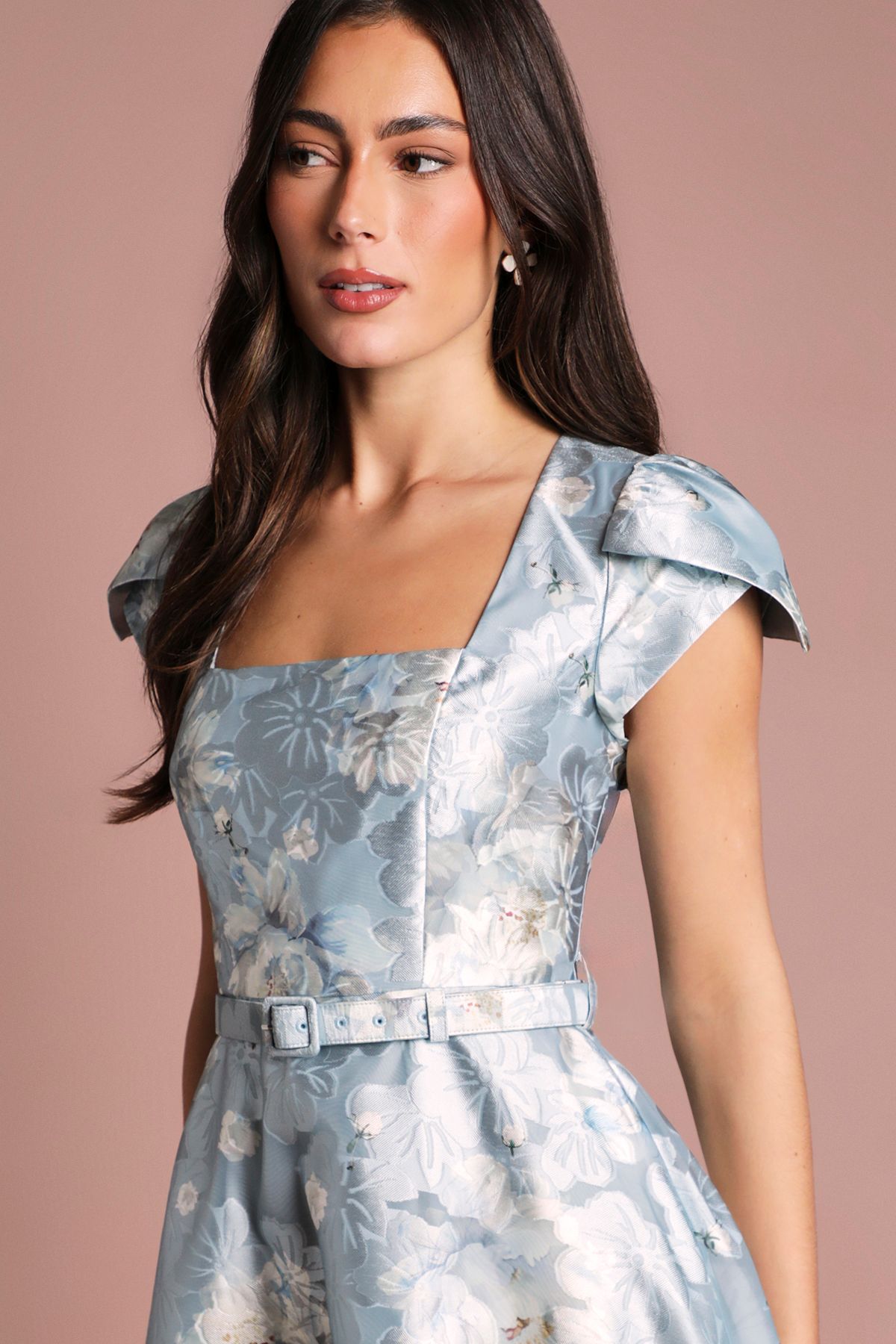 Coast Printed Cap Sleeve Square Neck Belted Midi Dress