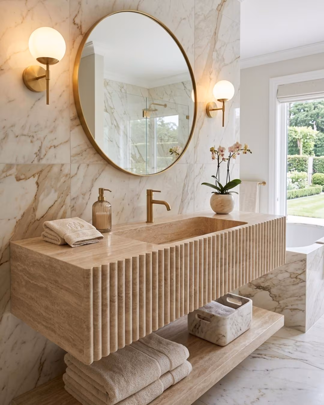 Luxury Travertine Wall Mounted Bathroom Sink Handmade Marble Basin