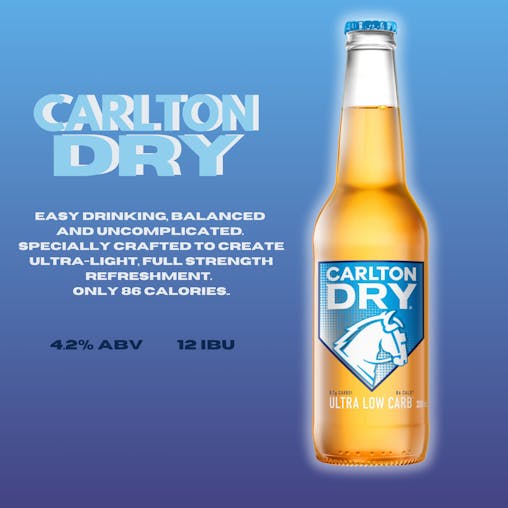 Carlton Dry, Ultra Low Carb & Full Strength Beer, Crisp & Refreshing Finish, Classic Australian Lager, 4.2% ABV, 330mL (Case of 24 Bottles)