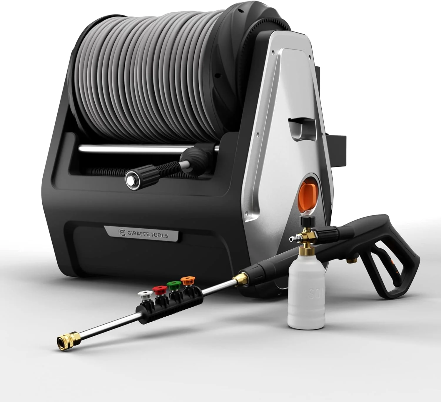 Pressure Washer, Electric Wall Mounted Power Washer with 100FT Retractable Hose, Soap Tank and 4-Nozzle Set, Dark Silver(Plus+ 100FT Replaceable Pressure Hoses)