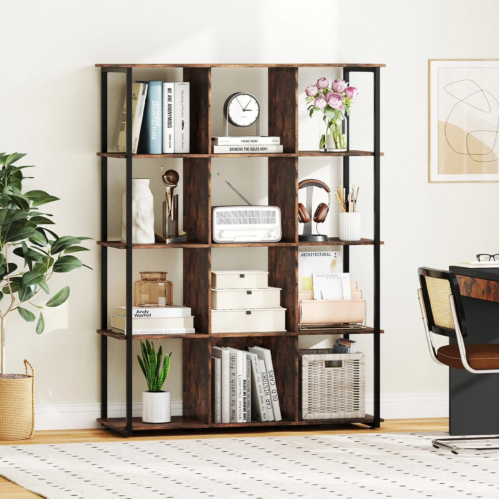 Rustic Brown Metal and Wood 5-Tier Bookshelf 12-Cube Storage Rack with Anti-Tip - 42 L x 16 W x 57 H