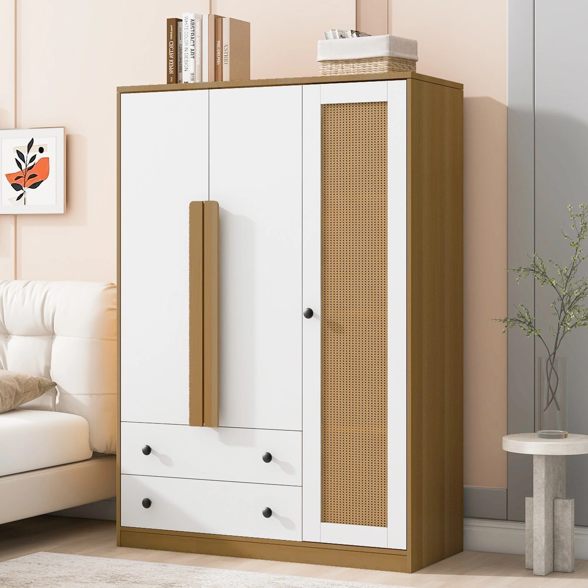 Wooden Wardrobe for Bedroom 3 Door Armoire Closet with Rattan Doors and Drawers Double Color Armoire Storage Cabinet