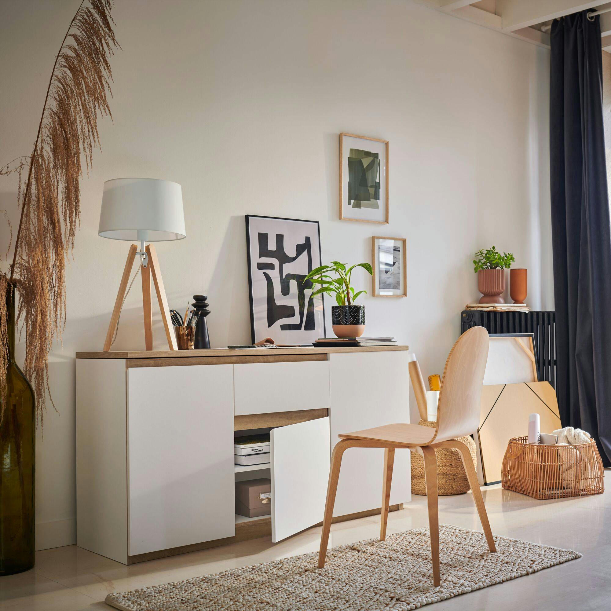 GIBRIL - Bureau pivotant blanc et effet bois clair