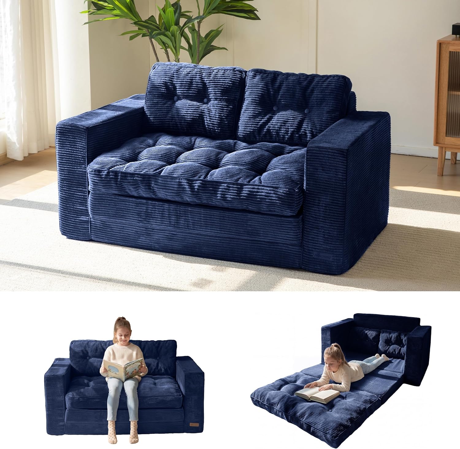 MAXYOYO Convertible Sofa Bed, Pull Out Loveseat Sleeper Sofa, Folding Couch Bed with Pillows for Living Room, Navy
