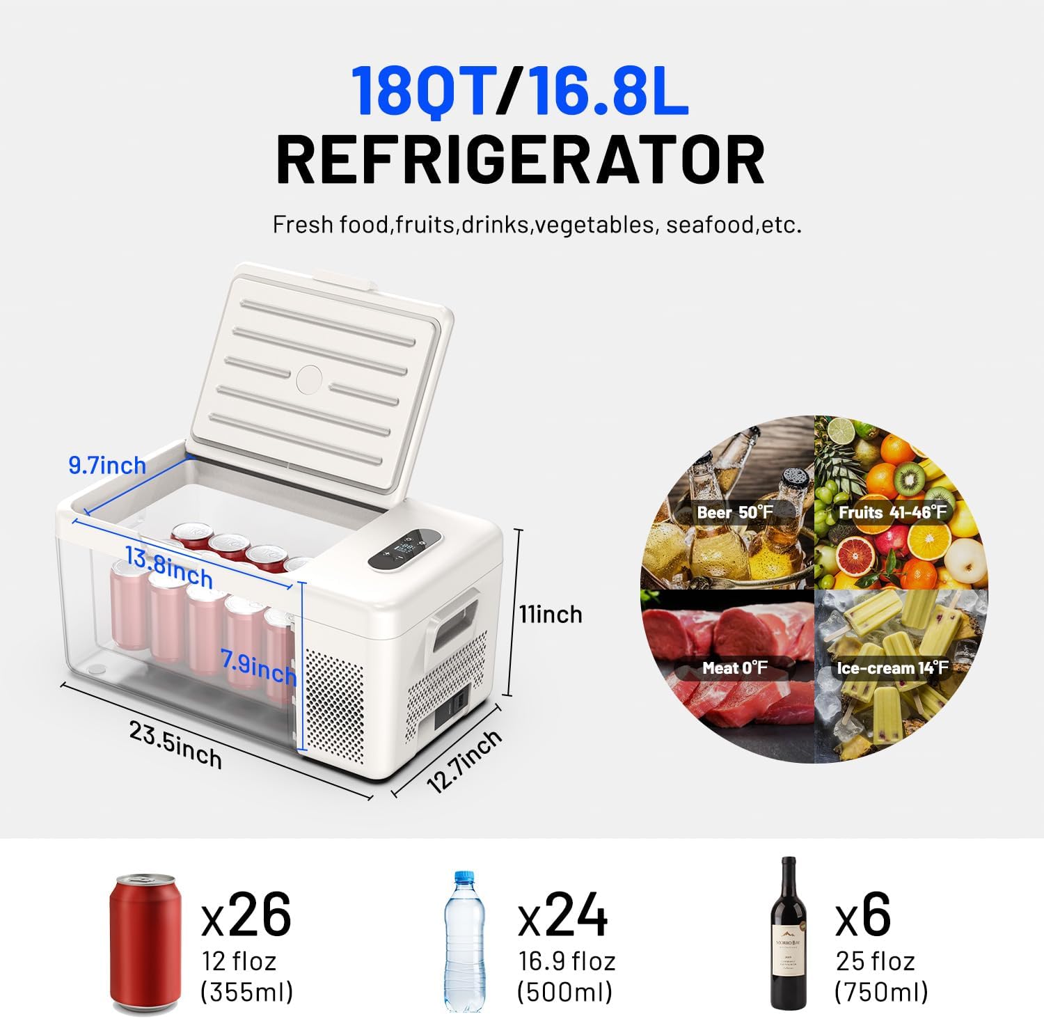 Alpicool S15 Portable Freezer, 12 Volt Refrigerator, 18 Quart (16.8 Liter) Fast Cooling 12V Car Fridge -4℉~68℉, White Car Cooler, 12/24V DC and 100-240V AC for Outdoor, Camping, RV, Truck