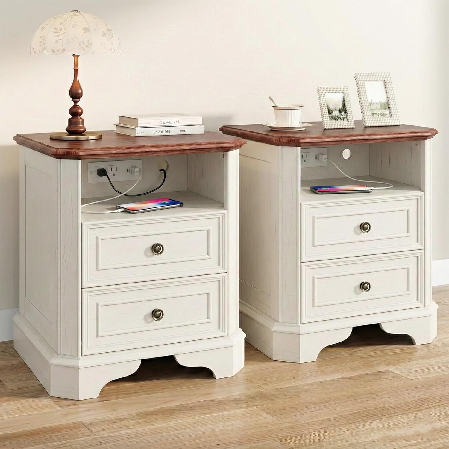24 White Nightstand with Charging Station, Set of 2 Modern Farmhouse Bedside Table with 2 Drawers and Open Shelf, Traditional Wood End Table with Outlets and USB Ports