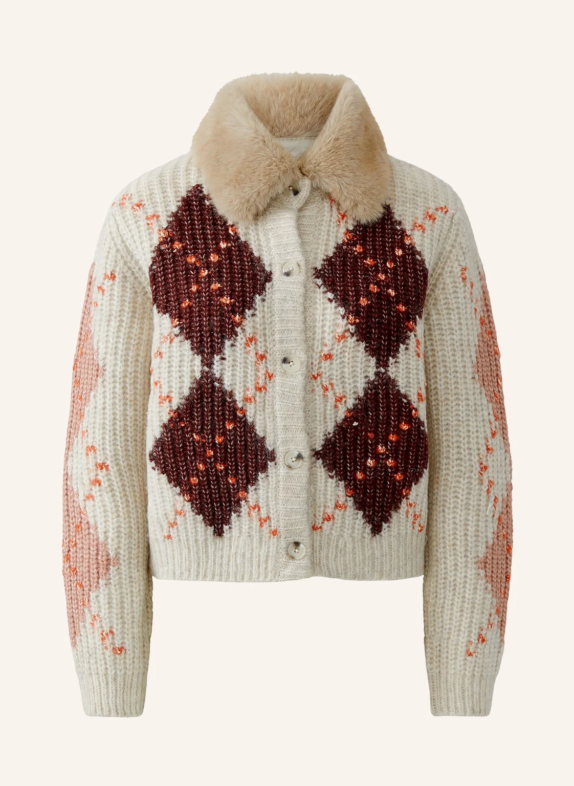 Oui Strickjacke mit abnehmbarem Kunstfell-Kragen