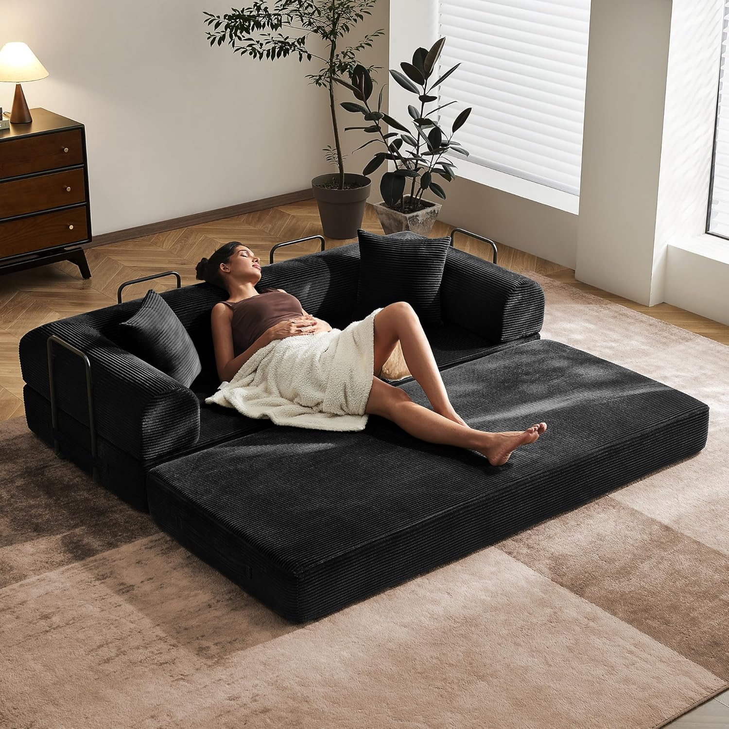 79 Convertible Sofa Bed with Fixed-Shape Frame & Removable Armrests, Modular Corduroy Sleeper Sofa, Folding Mattress Couch for Small Spaces - No Assembly Needed in Black (Includes 2 Pillows)