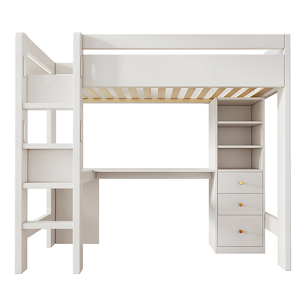 Lit superposé enfant 90x200cm avec bureau L, USB/Type-C, échelle, blanc (sans matelas)