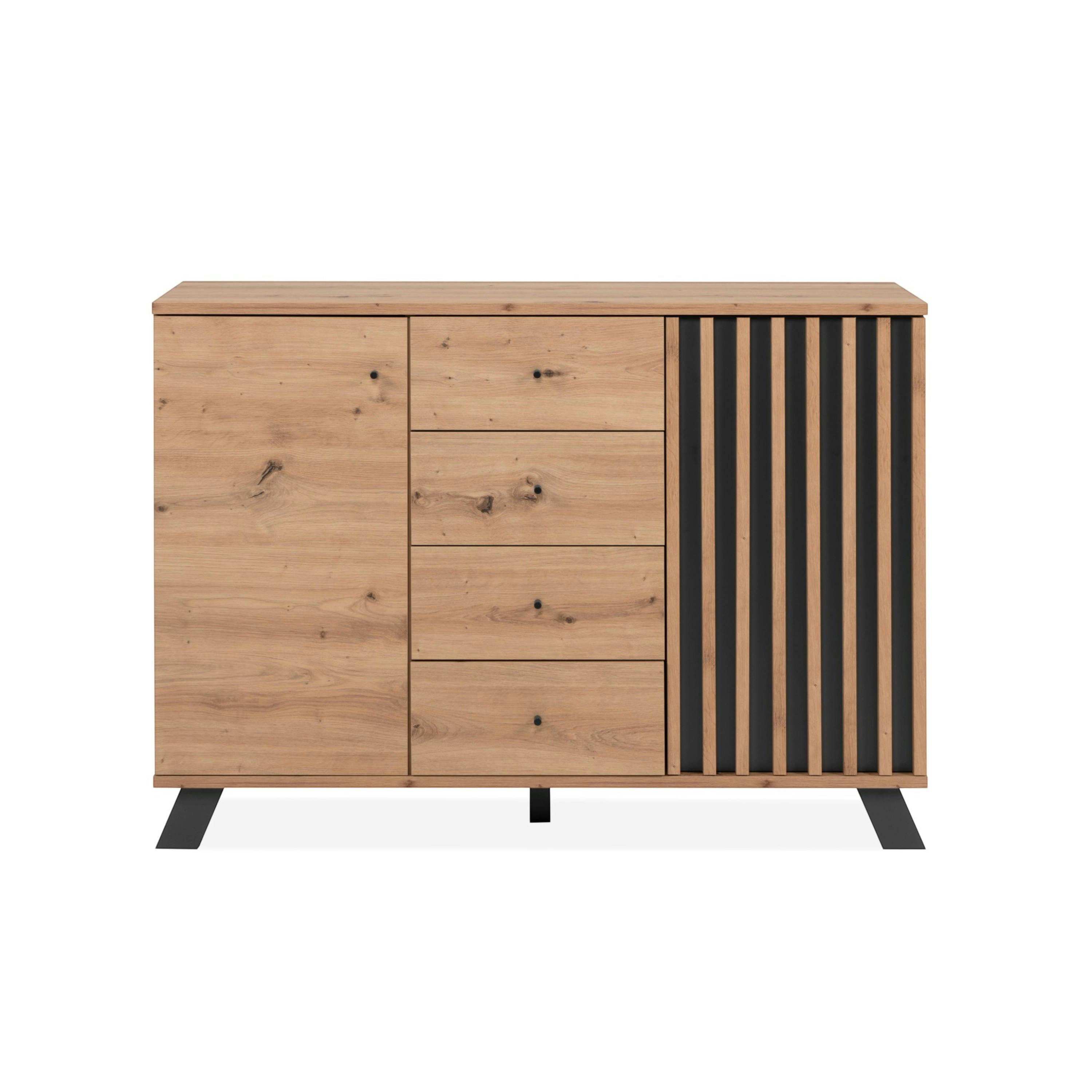Buffet moderne 1 porte noire rainurée 4 tiroirs ALVA