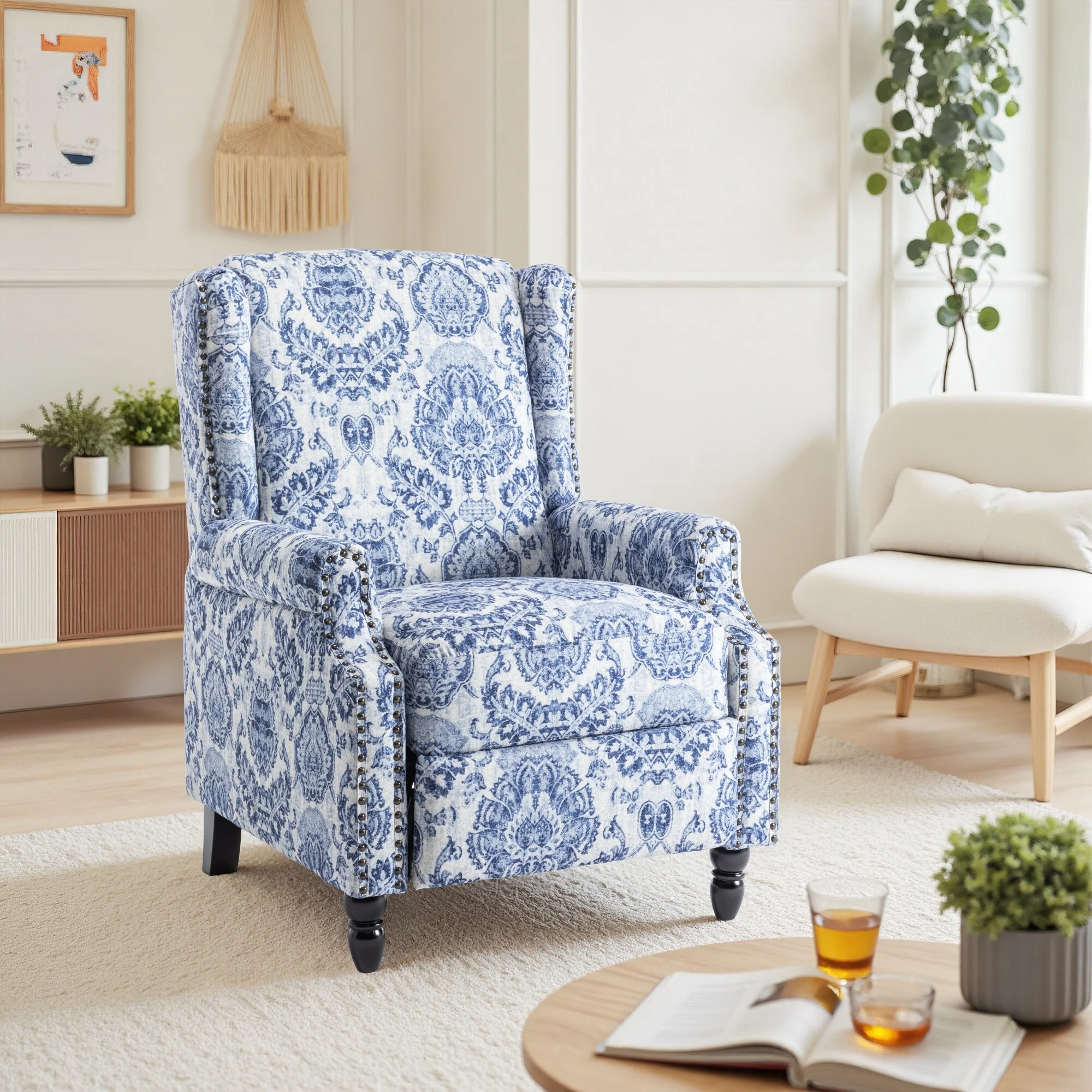 Linen Manual Upholstered Recliner with Wood Legs