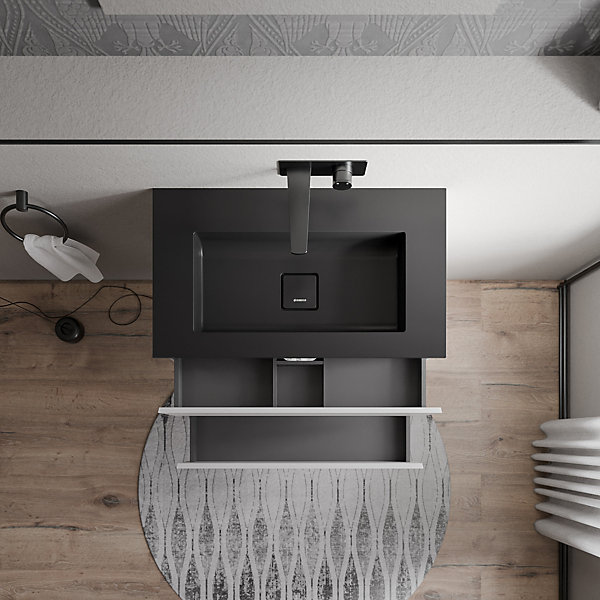 Meuble vasque suspendu MDF Blanc mat, lavabo fonte Noir mat sans trou robinet - 80x46x50cm - AVA BRUXELLES